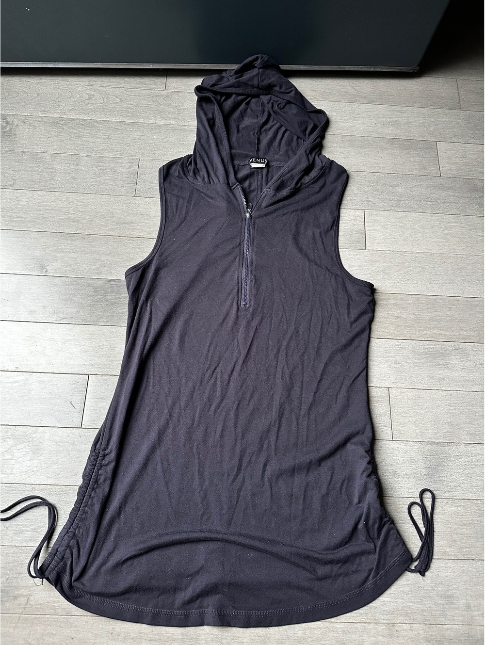 Womens Venus Sleeveless Black Hoodie Hooded Dress with Side Drawstrings Size SM